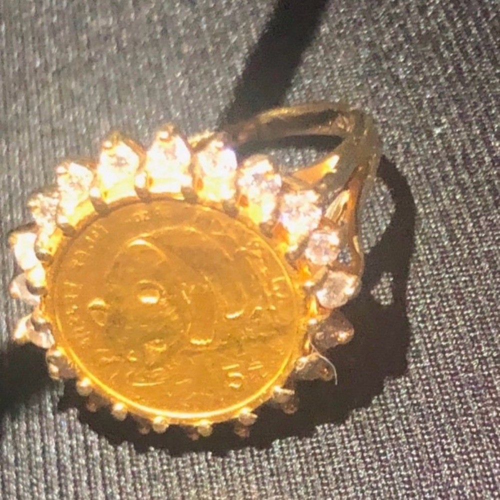 24k 1987 Chinese 5 Yuan Panda Coin Ring with Diamond Bezel in 14k Yellow Gold 6g
